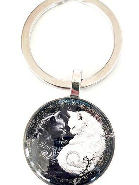 Black White Fluffy Cat Yin Yang Keychain Unity Love Balance Couple Gift Charm